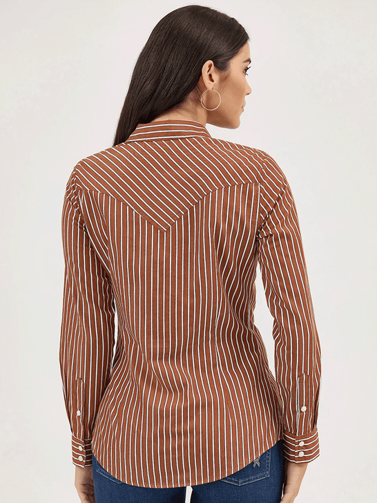 Wrangler 112371900 Womens All Occasion Western Stripe Shirt Copper back view. If you need any assistance with this item or the purchase of this item please call us at five six one seven four eight eight eight zero one Monday through Saturday 10:00a.m EST to 8:00 p.m EST