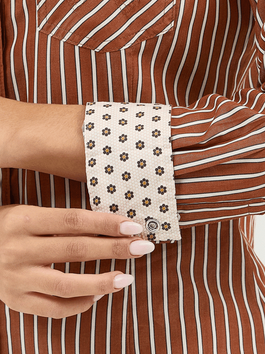 Wrangler 112371900 Womens All Occasion Western Stripe Shirt Copper contrast cuff view. If you need any assistance with this item or the purchase of this item please call us at five six one seven four eight eight eight zero one Monday through Saturday 10:00a.m EST to 8:00 p.m EST