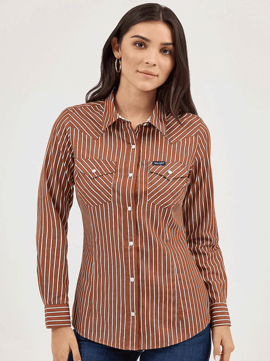 Wrangler 112371900 Womens All Occasion Western Stripe Shirt Copper front view. If you need any assistance with this item or the purchase of this item please call us at five six one seven four eight eight eight zero one Monday through Saturday 10:00a.m EST to 8:00 p.m EST