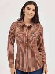 Wrangler 112371900 Womens All Occasion Western Stripe Shirt Copper front view. If you need any assistance with this item or the purchase of this item please call us at five six one seven four eight eight eight zero one Monday through Saturday 10:00a.m EST to 8:00 p.m EST
