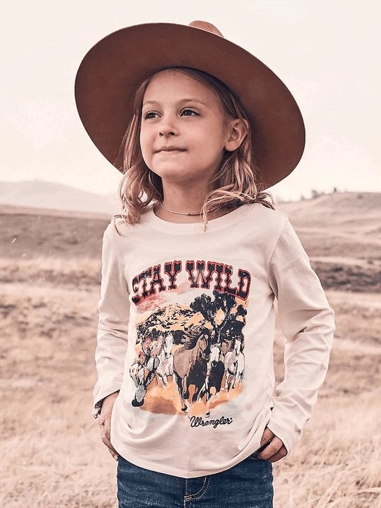 Wrangler 112371903 Girls Long Sleeve Graphic T-Shirt Ivory front view. If you need any assistance with this item or the purchase of this item please call us at five six one seven four eight eight eight zero one Monday through Saturday 10:00a.m EST to 8:00 p.m EST