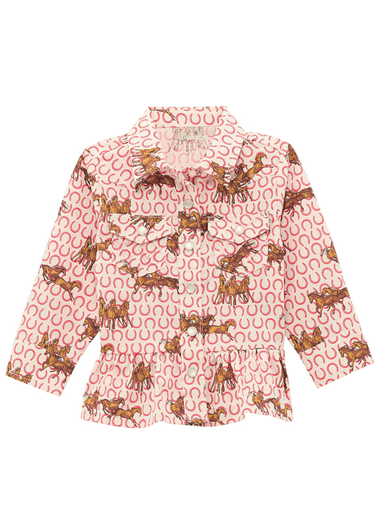 Wrangler 112371918 Girls Horses Western Long Sleeve Shirt White front view. If you need any assistance with this item or the purchase of this item please call us at five six one seven four eight eight eight zero one Monday through Saturday 10:00a.m EST to 8:00 p.m EST