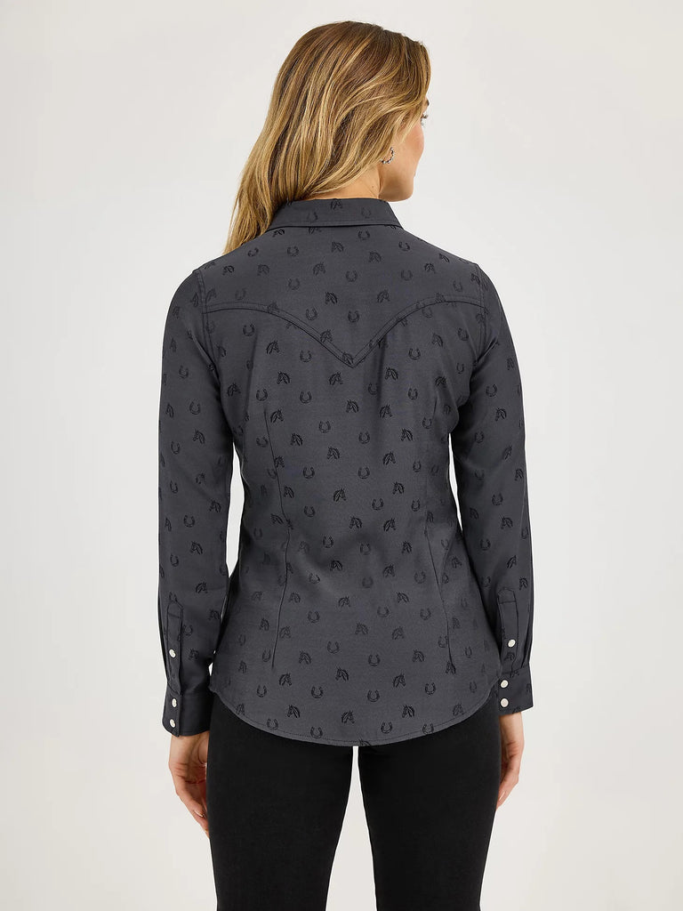Wrangler 112372429 Ladies All Occasion Western Snap Shirt Subtle Black Horses front view. If you need any assistance with this item or the purchase of this item please call us at five six one seven four eight eight eight zero one Monday through Saturday 10:00a.m EST to 8:00 p.m EST