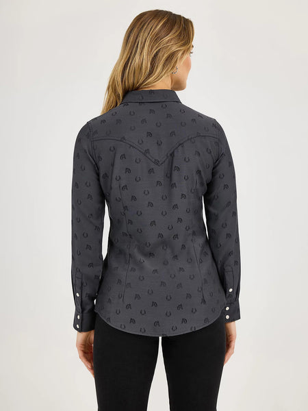 Wrangler 112372429 Ladies All Occasion Western Snap Shirt Subtle Black Horses back view. If you need any assistance with this item or the purchase of this item please call us at five six one seven four eight eight eight zero one Monday through Saturday 10:00a.m EST to 8:00 p.m EST