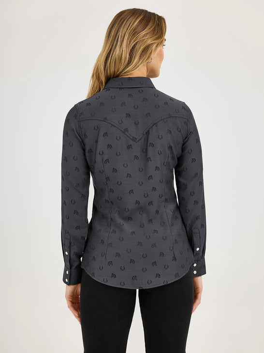 Wrangler 112372429 Ladies All Occasion Western Snap Shirt Subtle Black Horses back view. If you need any assistance with this item or the purchase of this item please call us at five six one seven four eight eight eight zero one Monday through Saturday 10:00a.m EST to 8:00 p.m EST