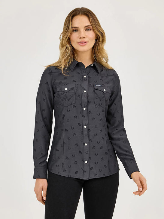 Wrangler 112372429 Ladies All Occasion Western Snap Shirt Subtle Black Horses front view. If you need any assistance with this item or the purchase of this item please call us at five six one seven four eight eight eight zero one Monday through Saturday 10:00a.m EST to 8:00 p.m EST