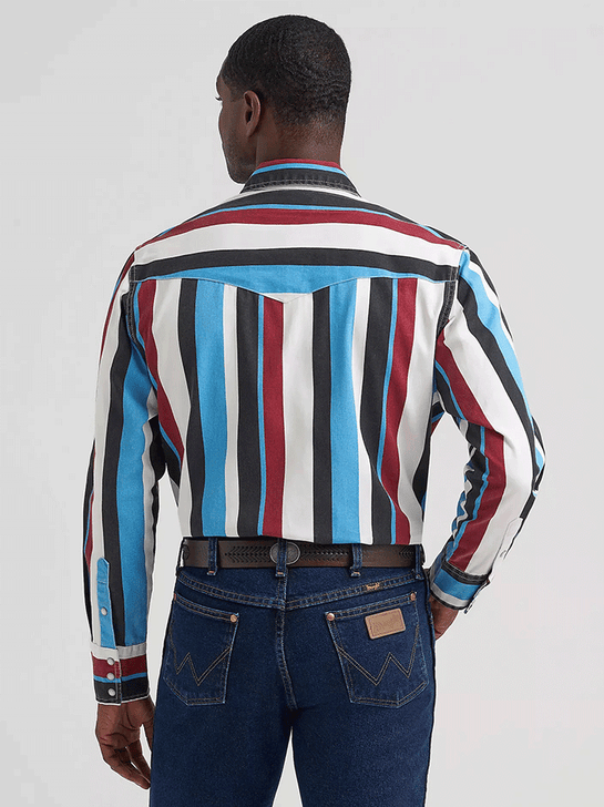Wrangler 112374804 Mens Vintage Inspired Brushpopper Shirt Blue Raspberry back view. If you need any assistance with this item or the purchase of this item please call us at five six one seven four eight eight eight zero one Monday through Saturday 10:00a.m EST to 8:00 p.m EST