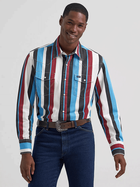 Wrangler 112374804 Mens Vintage Inspired Brushpopper Shirt Blue Raspberry front view. If you need any assistance with this item or the purchase of this item please call us at five six one seven four eight eight eight zero one Monday through Saturday 10:00a.m EST to 8:00 p.m EST