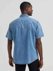 Wrangler 112374816 Mens Vintage Sculpted Yoke Snap Shirt Light Wash Denim back view. If you need any assistance with this item or the purchase of this item please call us at five six one seven four eight eight eight zero one Monday through Saturday 10:00a.m EST to 8:00 p.m EST