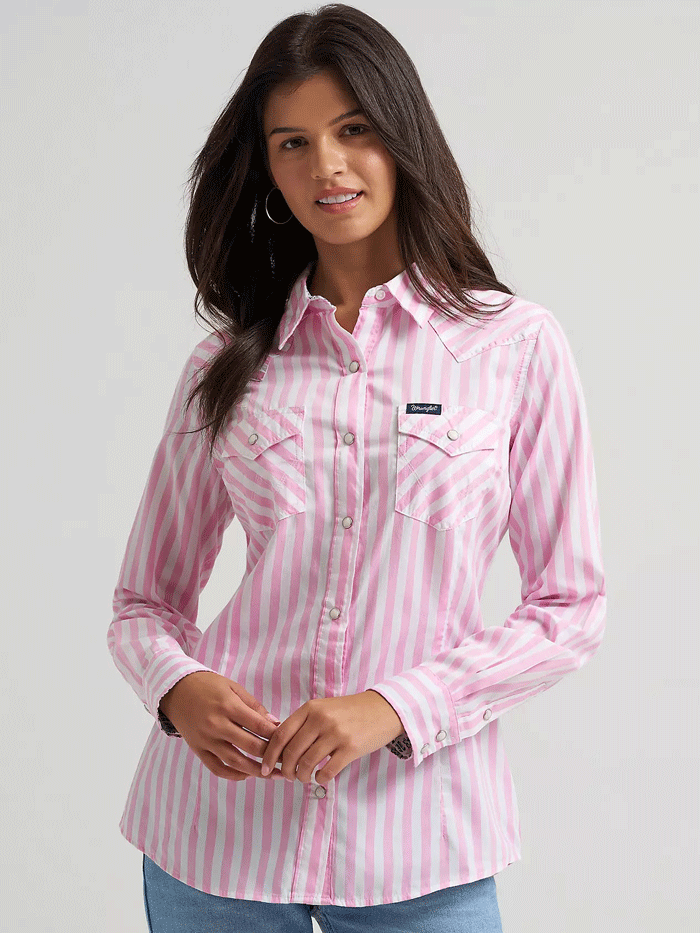 Wrangler 112374850 Womens All Occasion Western Snap Shirt Pink Stripes front view. If you need any assistance with this item or the purchase of this item please call us at five six one seven four eight eight eight zero one Monday through Saturday 10:00a.m EST to 8:00 p.m EST