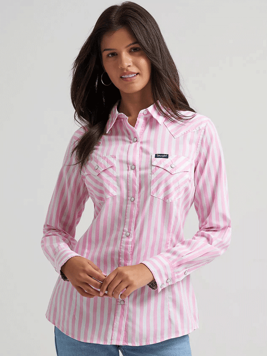 Wrangler 112374850 Womens All Occasion Western Snap Shirt Pink Stripes front view. If you need any assistance with this item or the purchase of this item please call us at five six one seven four eight eight eight zero one Monday through Saturday 10:00a.m EST to 8:00 p.m EST