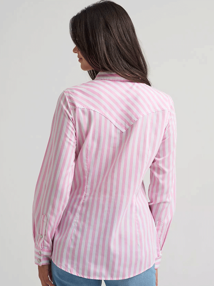 Wrangler 112374850 Womens All Occasion Western Snap Shirt Pink Stripes front view. If you need any assistance with this item or the purchase of this item please call us at five six one seven four eight eight eight zero one Monday through Saturday 10:00a.m EST to 8:00 p.m EST