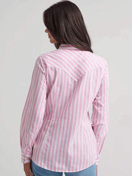 Wrangler 112374850 Womens All Occasion Western Snap Shirt Pink Stripes back view. If you need any assistance with this item or the purchase of this item please call us at five six one seven four eight eight eight zero one Monday through Saturday 10:00a.m EST to 8:00 p.m EST