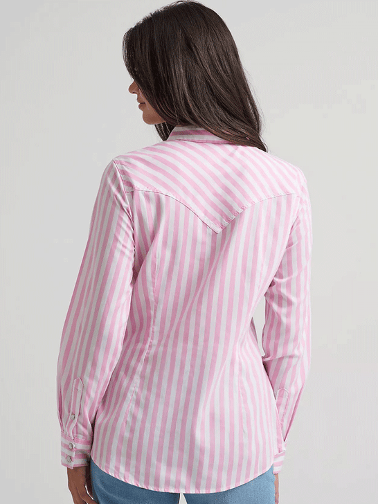 Wrangler 112374850 Womens All Occasion Western Snap Shirt Pink Stripes back view. If you need any assistance with this item or the purchase of this item please call us at five six one seven four eight eight eight zero one Monday through Saturday 10:00a.m EST to 8:00 p.m EST
