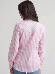 Wrangler 112374850 Womens All Occasion Western Snap Shirt Pink Stripes back view. If you need any assistance with this item or the purchase of this item please call us at five six one seven four eight eight eight zero one Monday through Saturday 10:00a.m EST to 8:00 p.m EST