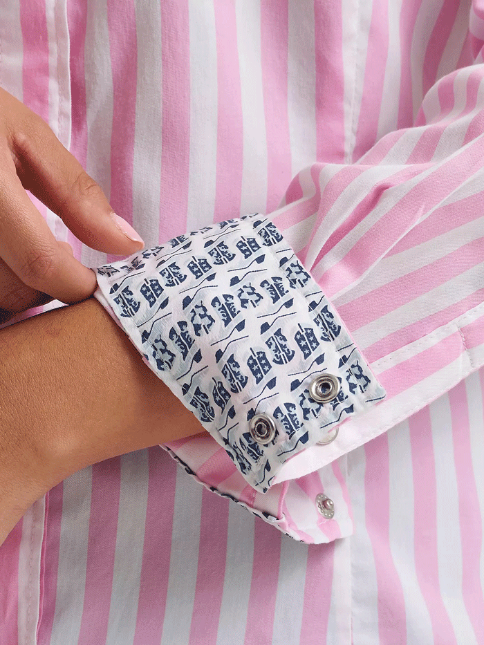 Wrangler 112374850 Womens All Occasion Western Snap Shirt Pink Stripes front view. If you need any assistance with this item or the purchase of this item please call us at five six one seven four eight eight eight zero one Monday through Saturday 10:00a.m EST to 8:00 p.m EST