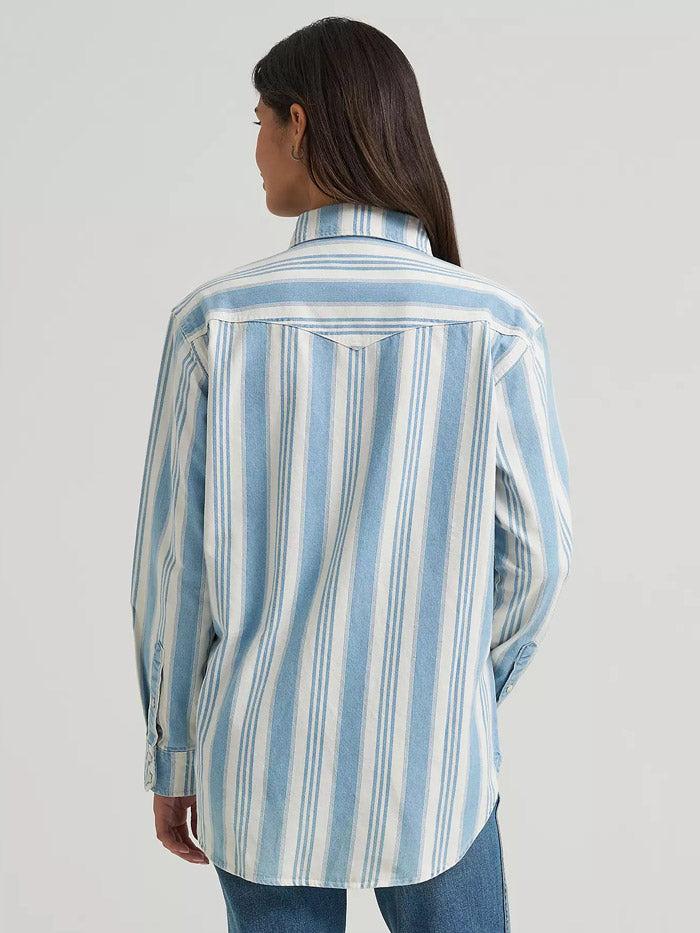 Wrangler 112374906 Womens Brushpopper Boyfriend Western Snap Shirt Pale Blue front view. If you need any assistance with this item or the purchase of this item please call us at five six one seven four eight eight eight zero one Monday through Saturday 10:00a.m EST to 8:00 p.m EST

