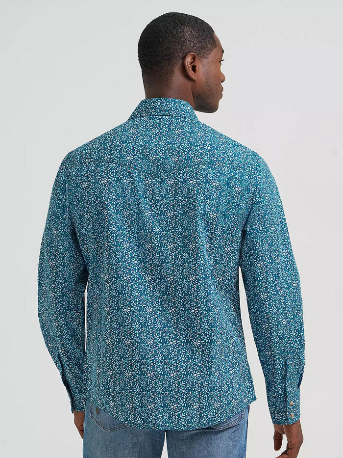 Wrangler 112374954 Mens Retro Premium Long Sleeve Printed Shirt Happy Teal front view. If you need any assistance with this item or the purchase of this item please call us at five six one seven four eight eight eight zero one Monday through Saturday 10:00a.m EST to 8:00 p.m EST
