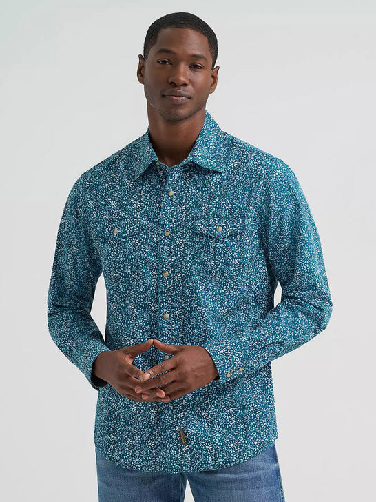 Wrangler 112374954 Mens Retro Premium Long Sleeve Printed Shirt Happy Teal front view. If you need any assistance with this item or the purchase of this item please call us at five six one seven four eight eight eight zero one Monday through Saturday 10:00a.m EST to 8:00 p.m EST
