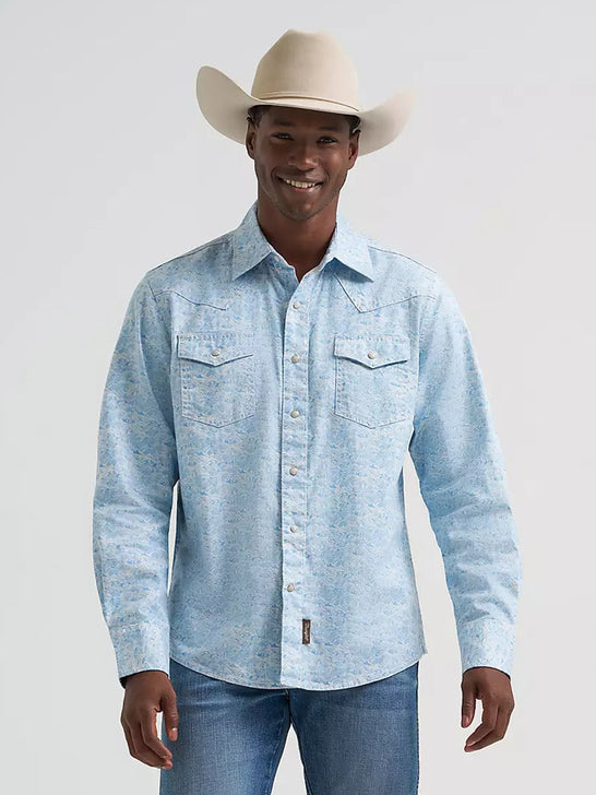Wrangler 112374976 Mens Retro Premium Long Sleeve Printed Shirt Light Blue front view. If you need any assistance with this item or the purchase of this item please call us at five six one seven four eight eight eight zero one Monday through Saturday 10:00a.m EST to 8:00 p.m EST
