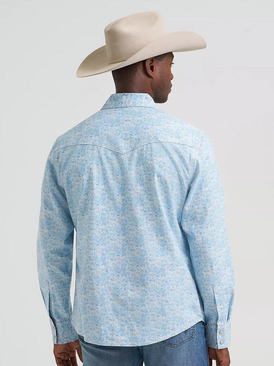 Wrangler 112374976 Mens Retro Premium Long Sleeve Printed Shirt Light Blue back view. If you need any assistance with this item or the purchase of this item please call us at five six one seven four eight eight eight zero one Monday through Saturday 10:00a.m EST to 8:00 p.m EST
