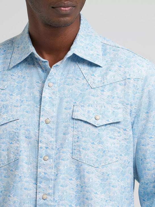 Wrangler 112374976 Mens Retro Premium Long Sleeve Printed Shirt Light Blue front close up. If you need any assistance with this item or the purchase of this item please call us at five six one seven four eight eight eight zero one Monday through Saturday 10:00a.m EST to 8:00 p.m EST