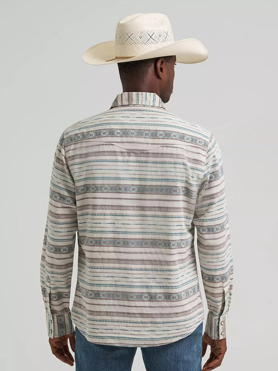 Wrangler 112374977 Mens Retro Premium Long Sleeve Printed Shirt Natural back view. If you need any assistance with this item or the purchase of this item please call us at five six one seven four eight eight eight zero one Monday through Saturday 10:00a.m EST to 8:00 p.m EST
