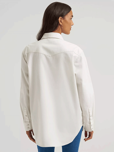 Wrangler 112375070 Womens Embroidered Boyfriend Western Snap Denim Shirt Cream back view. If you need any assistance with this item or the purchase of this item please call us at five six one seven four eight eight eight zero one Monday through Saturday 10:00a.m EST to 8:00 p.m EST