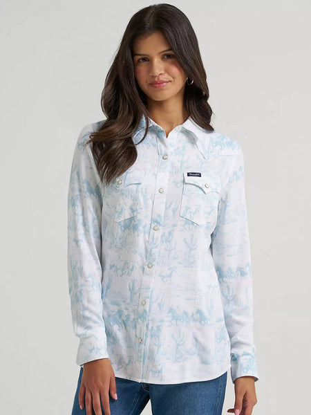 Wrangler 112375191 Womens Country Toile Western Slim Snap Shirt Light Blue front view. If you need any assistance with this item or the purchase of this item please call us at five six one seven four eight eight eight zero one Monday through Saturday 10:00a.m EST to 8:00 p.m EST
