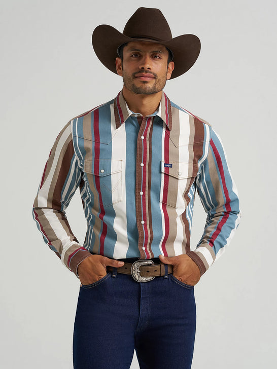 Wrangler 112375204 Mens Vintage Inspired Brushpopper Stripe Shirt Multicolor front view. If you need any assistance with this item or the purchase of this item please call us at five six one seven four eight eight eight zero one Monday through Saturday 10:00a.m EST to 8:00 p.m EST