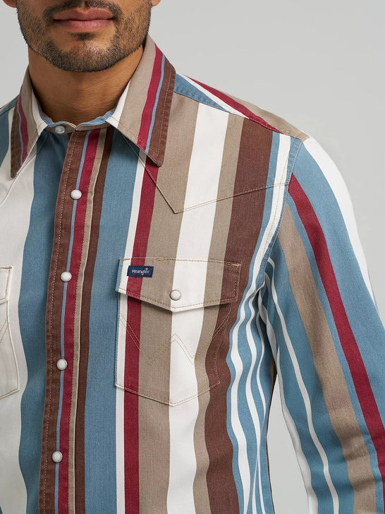 Wrangler 112375204 Mens Vintage Inspired Brushpopper Stripe Shirt Multicolor front close up. If you need any assistance with this item or the purchase of this item please call us at five six one seven four eight eight eight zero one Monday through Saturday 10:00a.m EST to 8:00 p.m EST