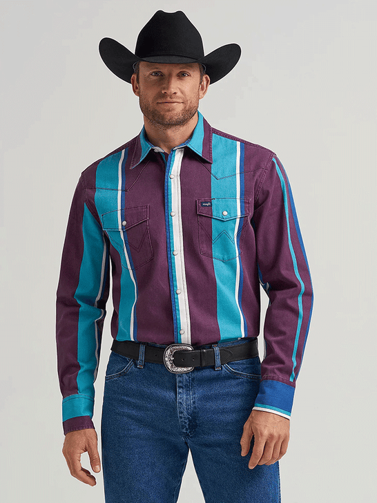Wrangler 112375225 Mens Vintage Inspired Brushpopper Stripe Shirt Aubergine Teal front view. If you need any assistance with this item or the purchase of this item please call us at five six one seven four eight eight eight zero one Monday through Saturday 10:00a.m EST to 8:00 p.m EST