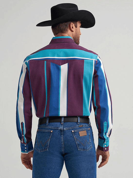 Wrangler 112375225 Mens Vintage Inspired Brushpopper Stripe Shirt Aubergine Teal back view. If you need any assistance with this item or the purchase of this item please call us at five six one seven four eight eight eight zero one Monday through Saturday 10:00a.m EST to 8:00 p.m EST