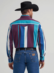 Wrangler 112375225 Mens Vintage Inspired Brushpopper Stripe Shirt Aubergine Teal back view. If you need any assistance with this item or the purchase of this item please call us at five six one seven four eight eight eight zero one Monday through Saturday 10:00a.m EST to 8:00 p.m EST