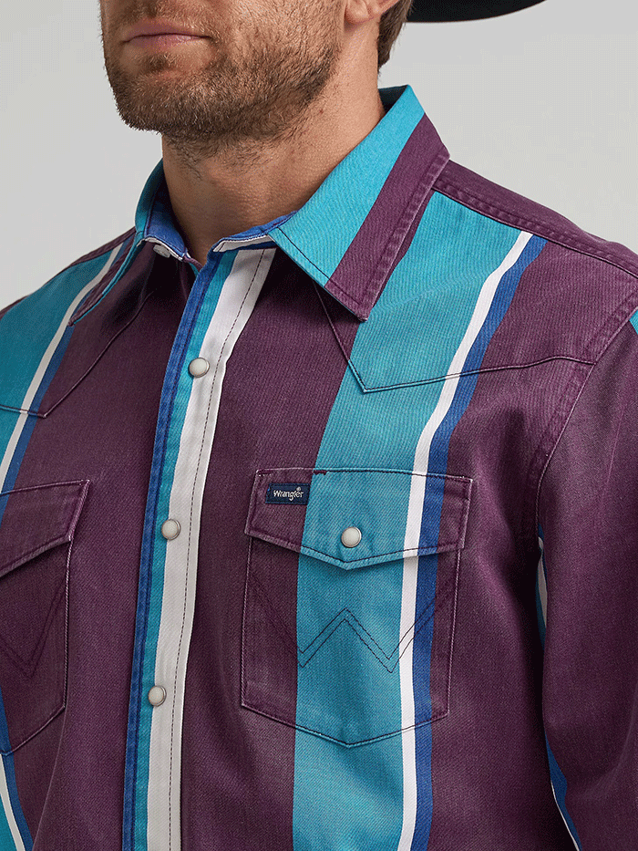 Wrangler 112375225 Mens Vintage Inspired Brushpopper Stripe Shirt Aubergine Teal front view. If you need any assistance with this item or the purchase of this item please call us at five six one seven four eight eight eight zero one Monday through Saturday 10:00a.m EST to 8:00 p.m EST