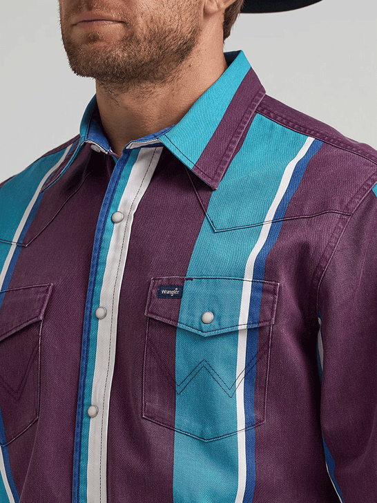 Wrangler 112375225 Mens Vintage Inspired Brushpopper Stripe Shirt Aubergine Teal front close up. If you need any assistance with this item or the purchase of this item please call us at five six one seven four eight eight eight zero one Monday through Saturday 10:00a.m EST to 8:00 p.m EST