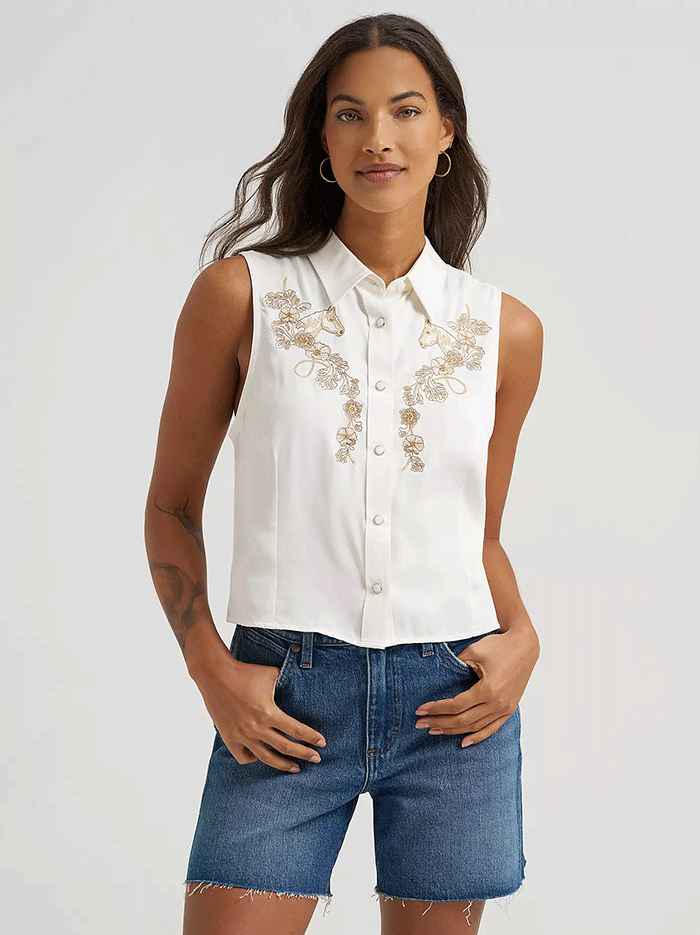 Wrangler 112375229 Womens Embroidered Sleeveless Snap Shirt White front view. If you need any assistance with this item or the purchase of this item please call us at five six one seven four eight eight eight zero one Monday through Saturday 10:00a.m EST to 8:00 p.m EST