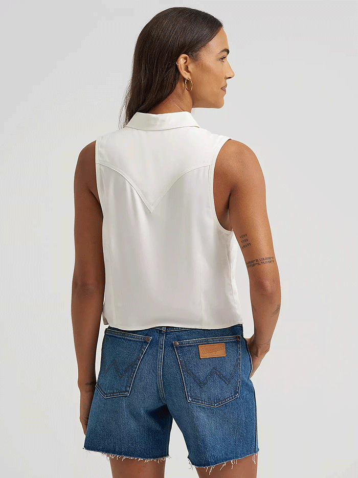Wrangler 112375229 Womens Embroidered Sleeveless Snap Shirt White front view. If you need any assistance with this item or the purchase of this item please call us at five six one seven four eight eight eight zero one Monday through Saturday 10:00a.m EST to 8:00 p.m EST