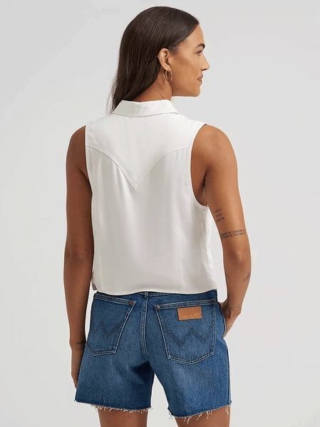 Wrangler 112375229 Womens Embroidered Sleeveless Snap Shirt White back view. If you need any assistance with this item or the purchase of this item please call us at five six one seven four eight eight eight zero one Monday through Saturday 10:00a.m EST to 8:00 p.m EST