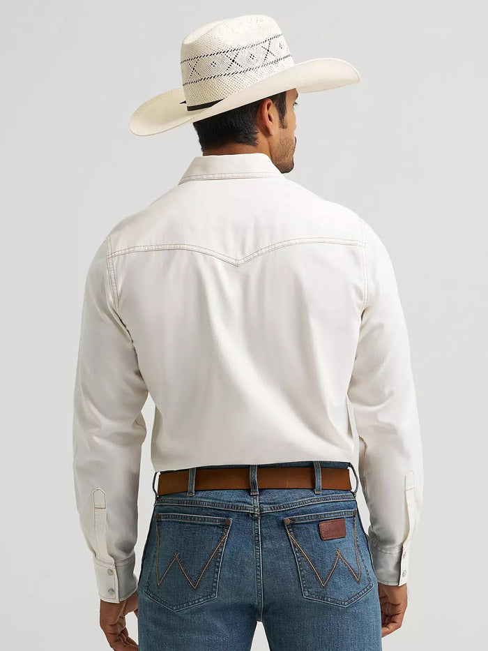 Wrangler 112375745 Mens Retro Premium Long Sleeve Shirt Ivory front view. If you need any assistance with this item or the purchase of this item please call us at five six one seven four eight eight eight zero one Monday through Saturday 10:00a.m EST to 8:00 p.m EST
