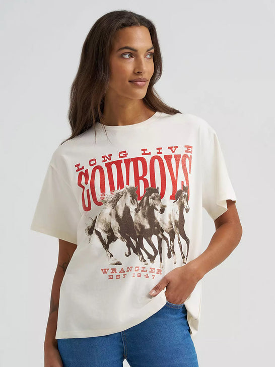 Wrangler 112375874 Womens Stampeding Stallions Girlfriend Graphic Tee Egret front view. If you need any assistance with this item or the purchase of this item please call us at five six one seven four eight eight eight zero one Monday through Saturday 10:00a.m EST to 8:00 p.m EST