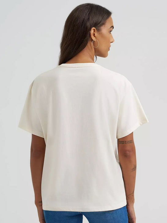 Wrangler 112375874 Womens Stampeding Stallions Girlfriend Graphic Tee Egret back view. If you need any assistance with this item or the purchase of this item please call us at five six one seven four eight eight eight zero one Monday through Saturday 10:00a.m EST to 8:00 p.m EST