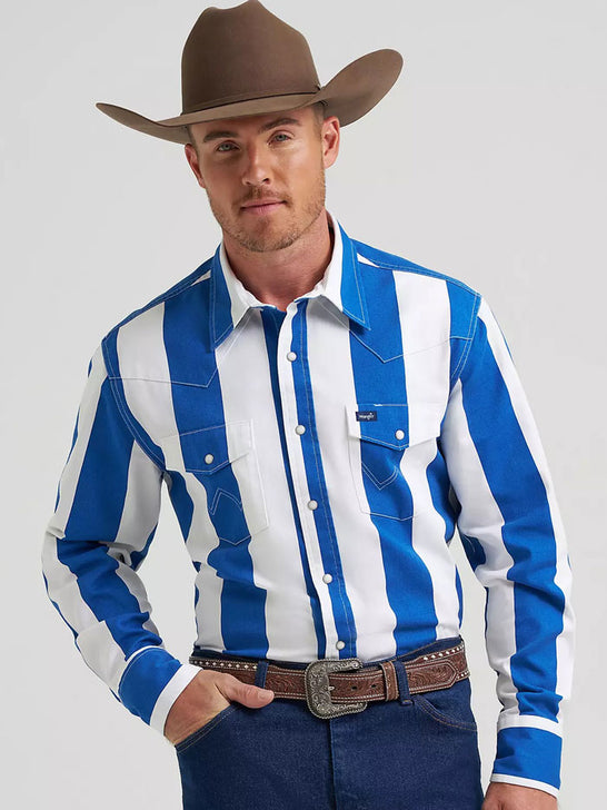 Wrangler 112375917 Mens Vintage Inspired Brushpopper Workshirt Big Blue front view. If you need any assistance with this item or the purchase of this item please call us at five six one seven four eight eight eight zero one Monday through Saturday 10:00a.m EST to 8:00 p.m EST