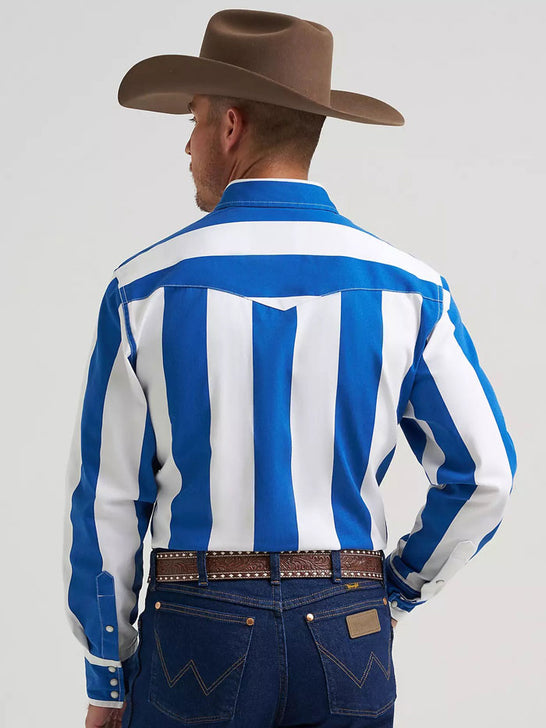 Wrangler 112375917 Mens Vintage Inspired Brushpopper Workshirt Big Blue back view. If you need any assistance with this item or the purchase of this item please call us at five six one seven four eight eight eight zero one Monday through Saturday 10:00a.m EST to 8:00 p.m EST