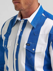 Wrangler 112375917 Mens Vintage Inspired Brushpopper Workshirt Big Blue front close up view. If you need any assistance with this item or the purchase of this item please call us at five six one seven four eight eight eight zero one Monday through Saturday 10:00a.m EST to 8:00 p.m EST