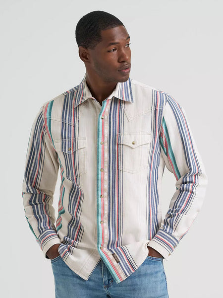 Wrangler 112378795 Mens Retro Premium Long Sleeve Stripe Shirt Pastel Pop front view. If you need any assistance with this item or the purchase of this item please call us at five six one seven four eight eight eight zero one Monday through Saturday 10:00a.m EST to 8:00 p.m EST