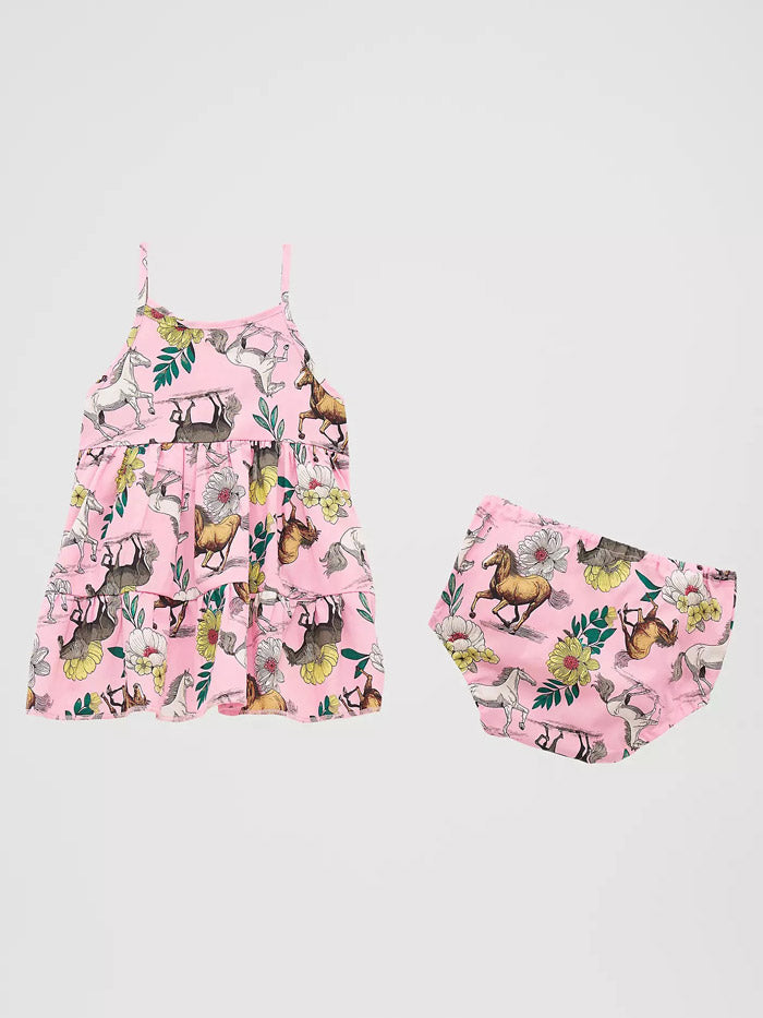 Wrangler 112379472 Little Girls Printed Tiered Dress Prancing Pink front view. If you need any assistance with this item or the purchase of this item please call us at five six one seven four eight eight eight zero one Monday through Saturday 10:00a.m EST to 8:00 p.m EST

