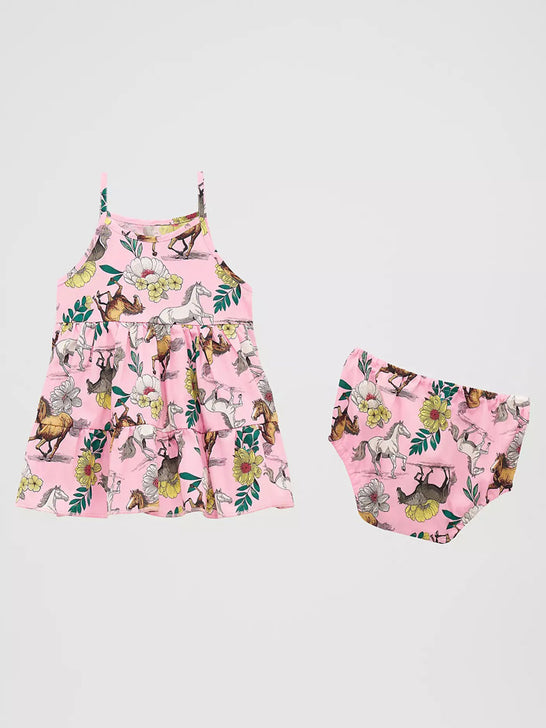 Wrangler 112379472 Little Girls Printed Tiered Dress Prancing Pink front view. If you need any assistance with this item or the purchase of this item please call us at five six one seven four eight eight eight zero one Monday through Saturday 10:00a.m EST to 8:00 p.m EST


