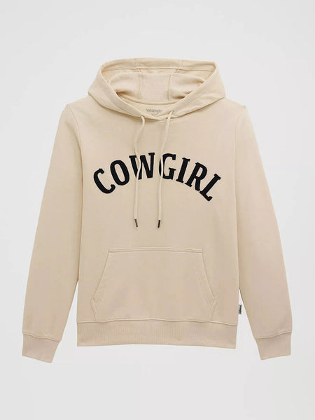 A cream-colored pullover hoodie with 'COWGIRL' printed in black arched block letters across the chest, displayed on a clean light gray background. If you need any assistance with this item or the purchase of this item please call us at five six one seven four eight eight eight zero one Monday through Saturday 10:00a.m EST to 8:00 p.m EST