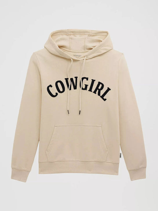 A cream-colored pullover hoodie with 'COWGIRL' printed in black arched block letters across the chest, displayed on a clean light gray background. If you need any assistance with this item or the purchase of this item please call us at five six one seven four eight eight eight zero one Monday through Saturday 10:00a.m EST to 8:00 p.m EST
